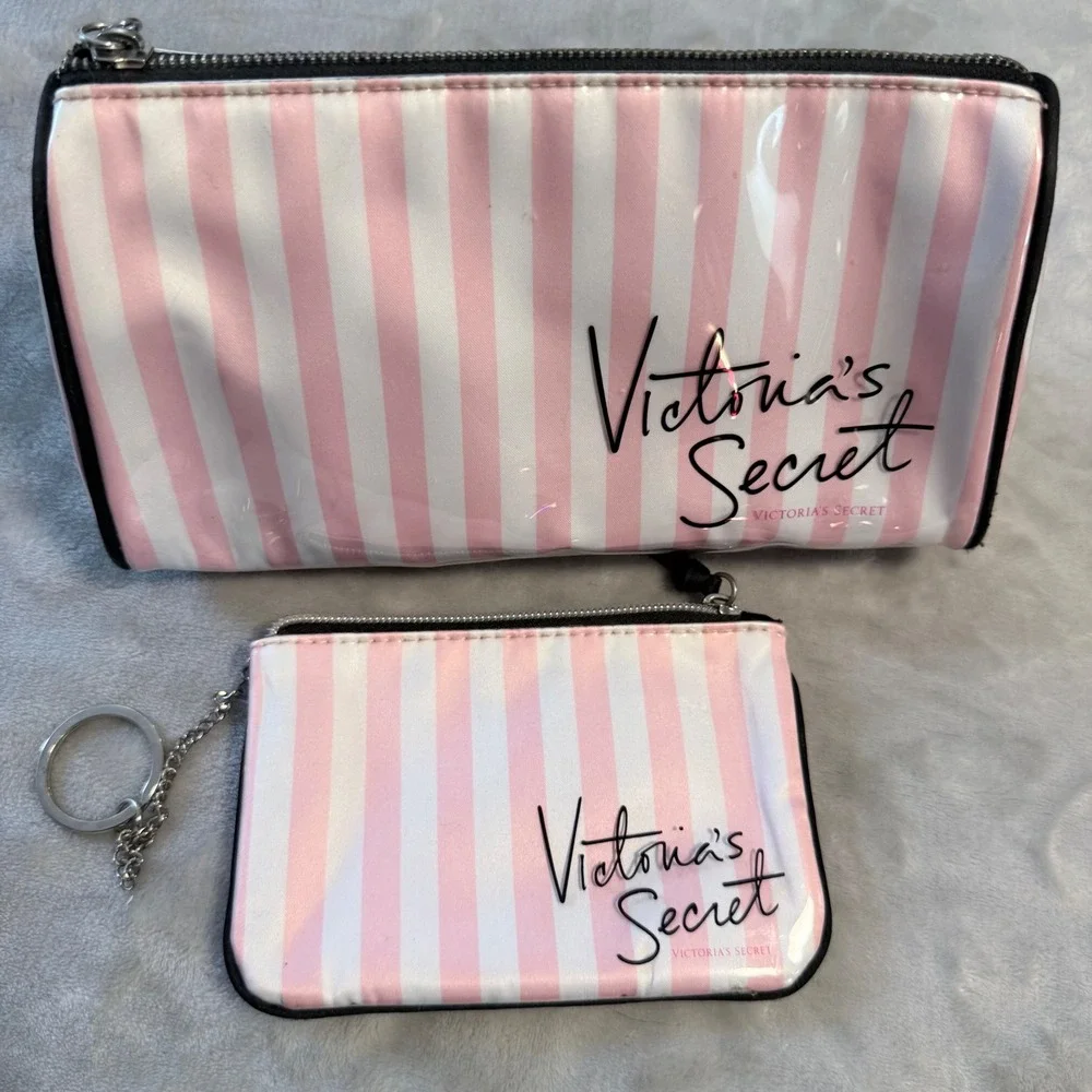 Victoria's Secret Pink White Stripe Cosmetic Makeup Bag Keychain Pouch Set